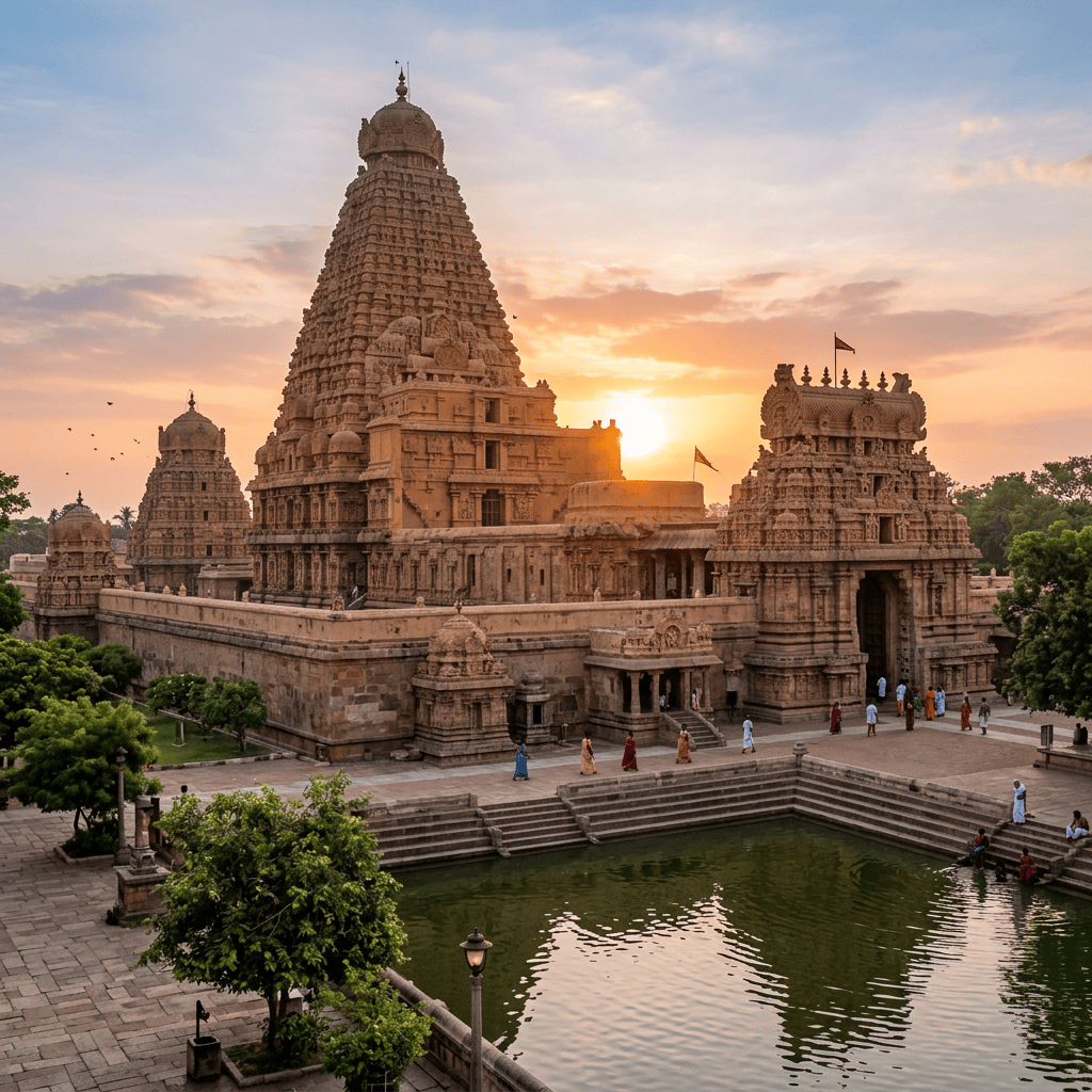 Historic Brihadeeswarar Temple with large tower and water tank at sunset
