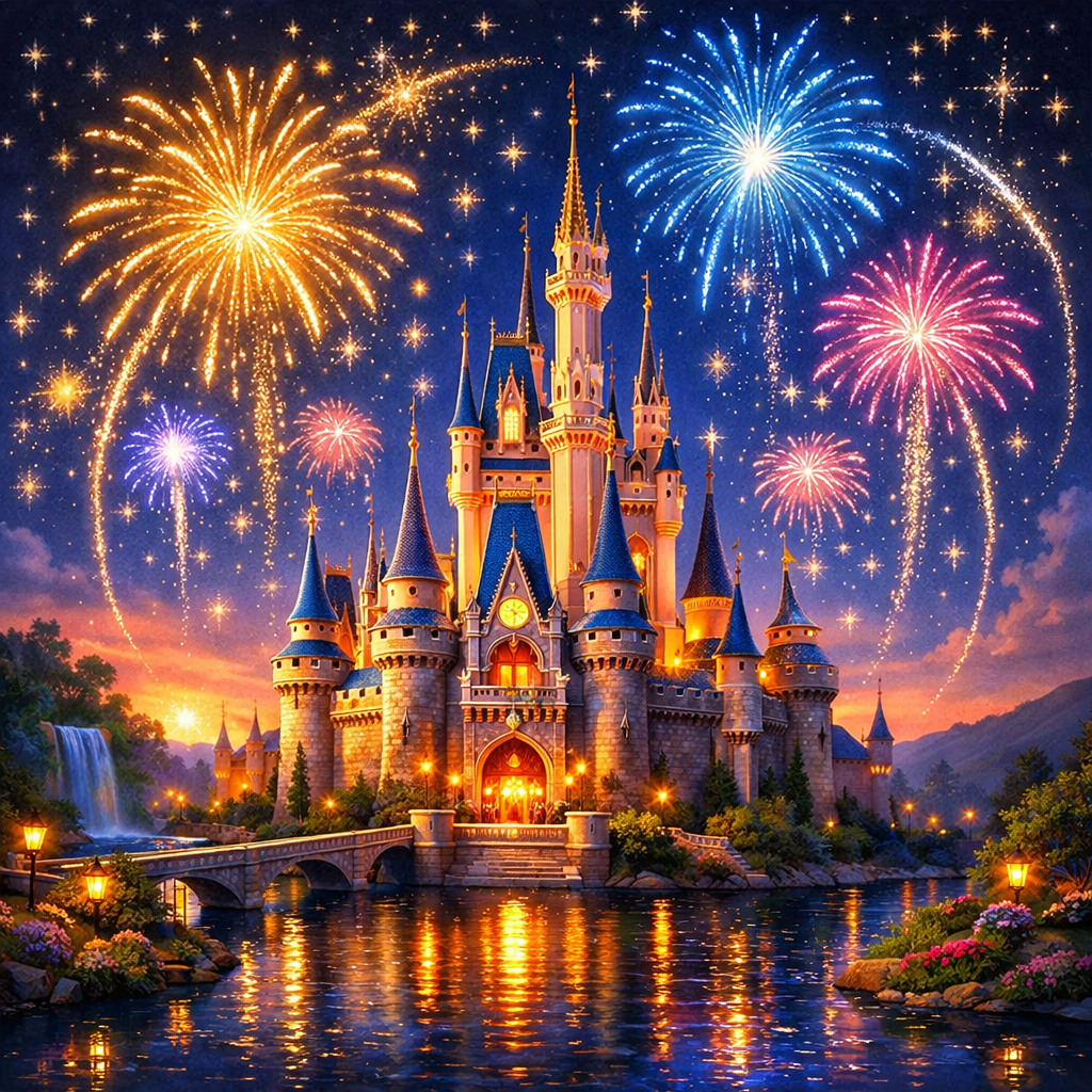 Disney-style magical castle with fireworks
